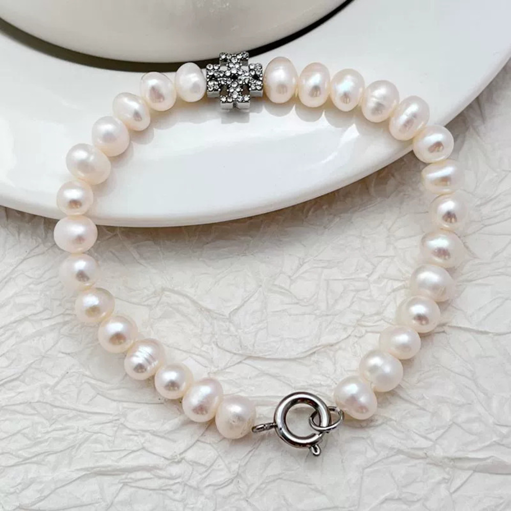 Tory Burch Natural Freshwater Pearl Bracelet Letter Rhinestone